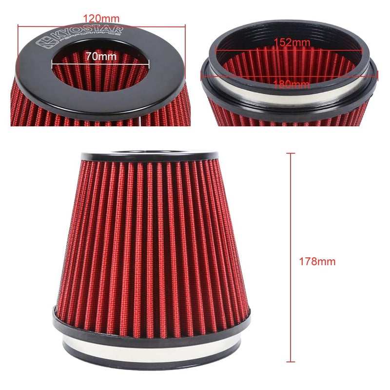 Kyostar 6"" 152mm High Flow Inlet Cold Air Intake Cone Replacement Dry Air Filter Red - Image 2